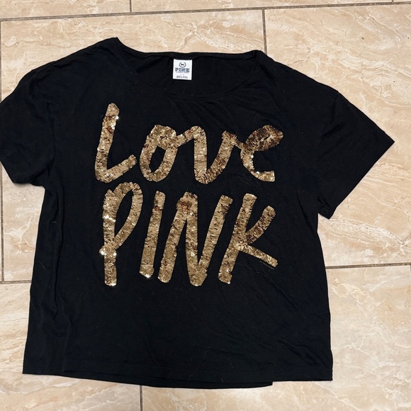 PINK Victoria's Secret Tops - PINK Victoria's Secret Black Tee with Gold Accents